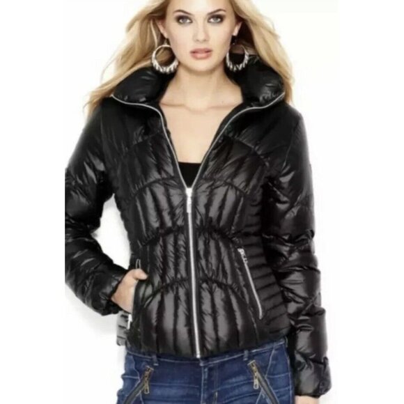 GUESS Jackets & Blazers - GUESS Quilted Puffer Fashion Jacket Metallic Black Full-Zip Women’s Medium NWT